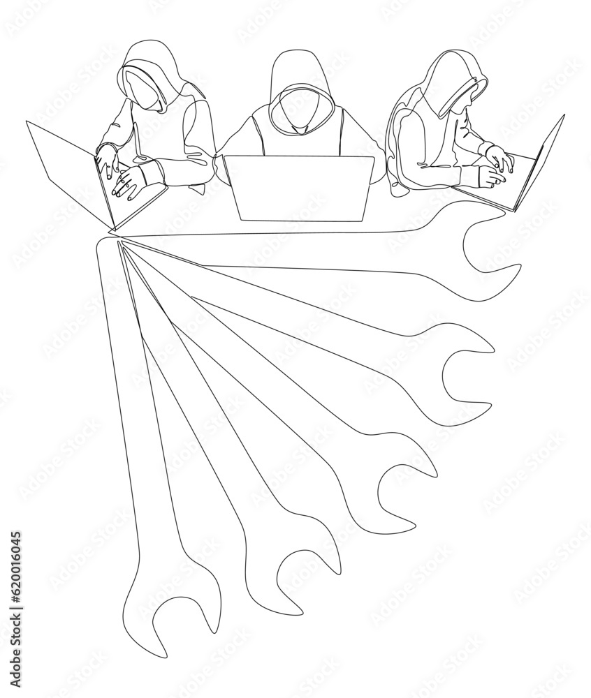 Poster one continuous line of computer hacker with laptop and wrench. thin line illustration vector concept
