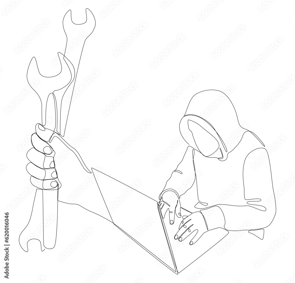 Poster one continuous line of computer hacker with laptop and wrench. thin line illustration vector concept