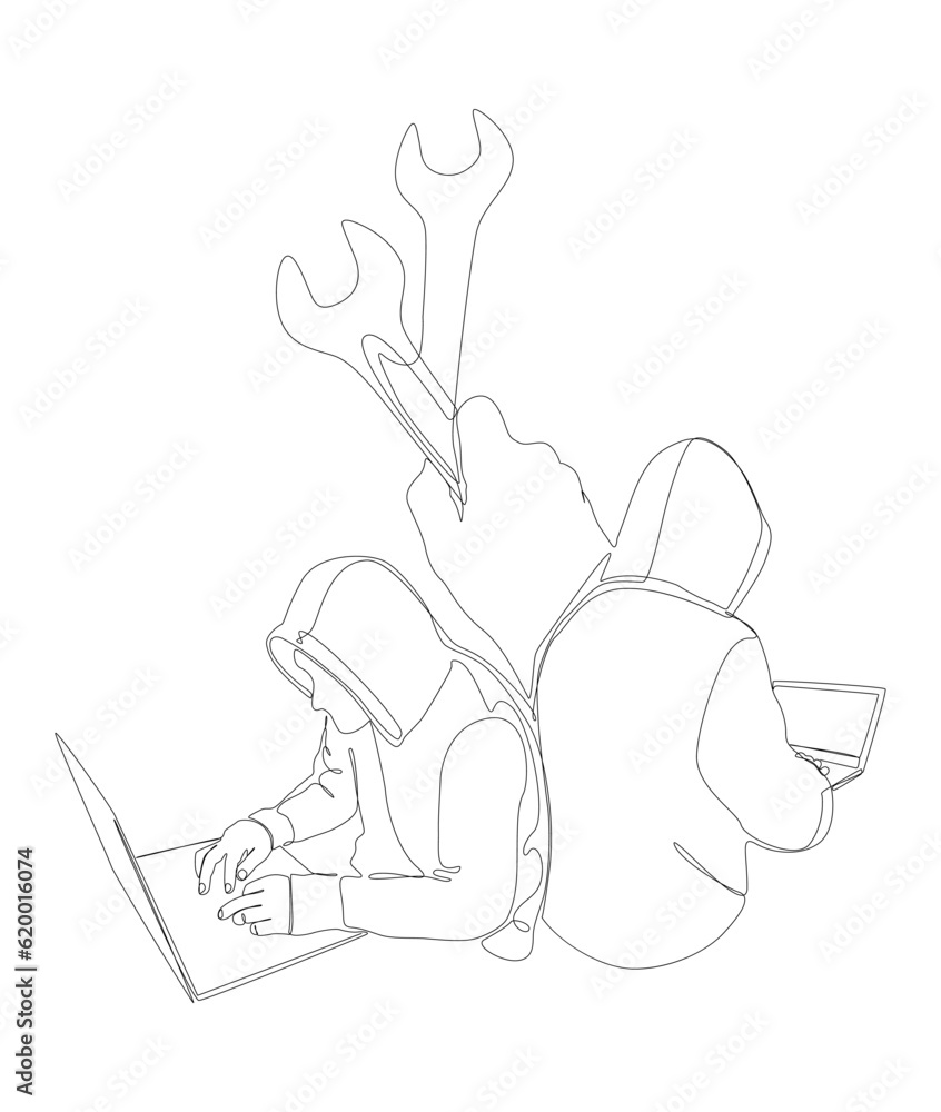 Poster one continuous line of computer hacker with laptop and wrench. thin line illustration vector concept