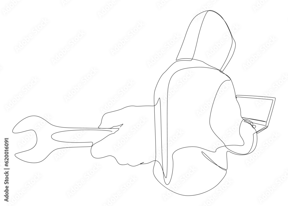 Poster one continuous line of computer hacker with laptop and wrench. thin line illustration vector concept