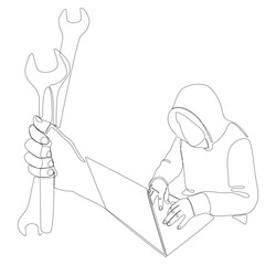One continuous line of Computer Hacker with Laptop and Wrench. Thin Line Illustration vector concept. Contour Drawing Creative ideas.
