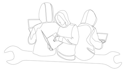 One continuous line of Computer Hacker with Laptop and Wrench. Thin Line Illustration vector concept. Contour Drawing Creative ideas.
