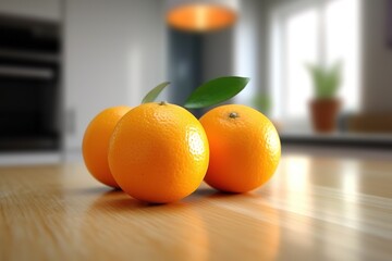Delicious oranges close-up, lying on the table, kitchen in the background
