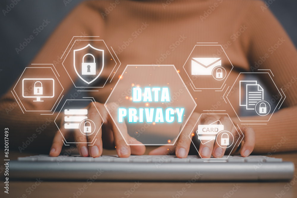 Poster data privacy online security protection concept, person hand typing on keyboard computer with data p