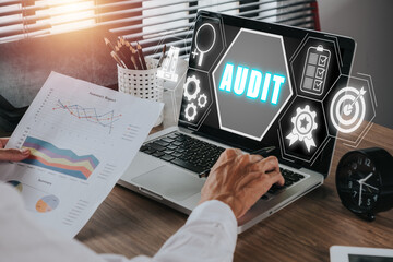 Audit Internal Financial Examination Accounting Business Finance concept, Businessman working on...