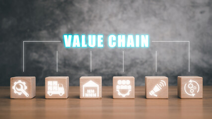 Value chain concept, Wooden block on desk with value chain icon on virtual screen.