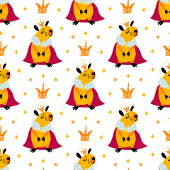 Obraz premium Cute fluffy capybara seamless vector pattern. Pretty pet with crown, royal mantle. Exotic animal, tropical rodent. Flat cartoon illustration. Bright baby background for posters, print, wallpaper, web