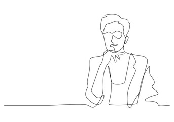 continuous line drawing of short hair woman leader hand on chin pose business concept