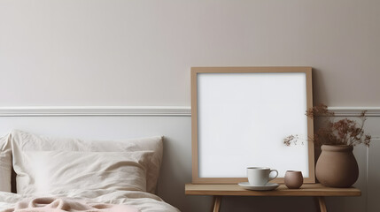 Elegant boho bedroom interior. Vertical wooden picture frame mockup on modern organic shaped side table. Cup of coffee on tray. Breakfast in bed concept. Beige linen throw. White wall background.