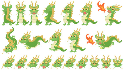 かわいい龍のキャラクター。フラットなベクターイラストセット。
Cute dragon character. Flat designed vector illustration set.