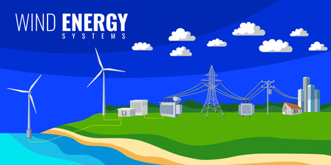 Wind energy electric power generation free energy from nature Let's take care of our planet. vector illustration