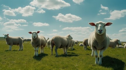 Fototapeta premium Flock of sheep on a green meadow on a sunny day, Generative AI