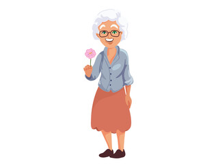 Happy elegant elderly woman in glasses holding a flower, cartoon vector illustration