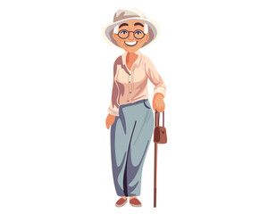 Happy elegant elderly woman in glasses, hat and with a cane, cartoon vector illustration