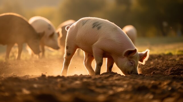 Piglets on the farm in the light of the setting sun, Generative AI