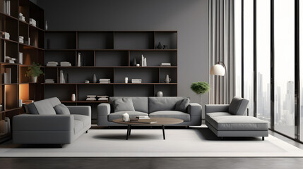 Gray living room interior with sofa, armchairs and bookcase