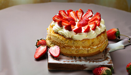 Sponge cake with strawberries and vanilla cream.