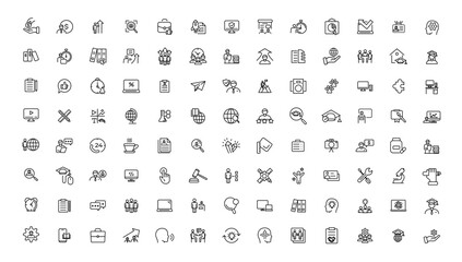 Business teamwork, team building, work group and human resources minimal thin line web icon set. 
