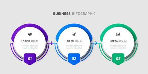 Business Infographic Template with Circle Label, Arrows, 3 Numbers and Icon for Presentation