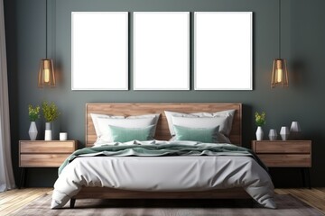 Mock up poster frame in bedroom interior background, Generative AI