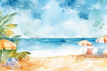 beach banner mockup, summer, colorful watercolor vacation banner background with space for text.
