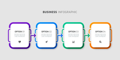 Business Infographic Template with Rounded Label, Arrows, 4 Options and Icon for Presentation