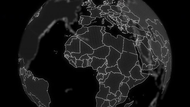 Cameroon Country alpha for editing Data analysis Technology Globe rotating, Cinematic video showcases digital globe rotating, zooming in on Cameroon country alpha for editing template