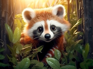 Naklejka premium Cartoon cute raccoon in summertime