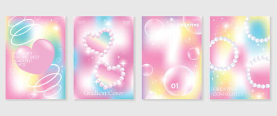 Idol lover posters set. Cute gradient holographic background vector with 3d heart, pearl heart shapes, bubble. sparkle. Y2k trendy wallpaper design for social media, cards, banner, flyer, brochure. - obrazy, fototapety, plakaty