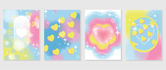 Idol lover posters set. Cute gradient holographic background vector with heart bubble, 3d heart, star, halftone. Y2k trendy wallpaper design for social media, cards, banner, flyer, brochure.