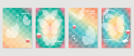 Idol lover posters set. Cute gradient holographic background vector with pastel colors, butterflies, pixel, halftone. Y2k trendy wallpaper design for social media, cards, banner, flyer, brochure.