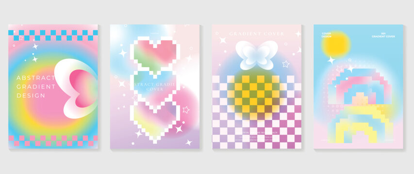 Idol lover posters set. Cute gradient holographic background vector with heart pixel, star, butterflies, halftone. Y2k trendy wallpaper design for social media, cards, banner, flyer, brochure.