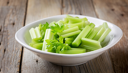 Fresh sliced celery in a white bowl on a vintage wooden background, selective focus