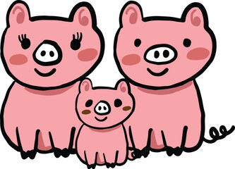 Cute pig family cartoon hand drawn cute doodles for kids.