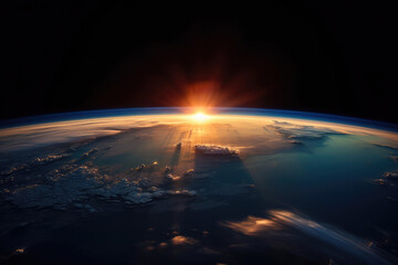 Fototapeta Inspiring view of sunrise as seen from Earth's orbit in space. This image captures the breathtaking spectacle of the sun's golden rays illuminating the curvature of our planet, generative AI obraz
