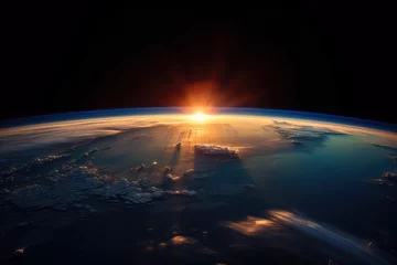 Foto op Aluminium Inspiring view of sunrise as seen from Earth's orbit in space. This image captures the breathtaking spectacle of the sun's golden rays illuminating the curvature of our planet, generative AI © Kien