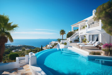 Traditional mediterranean house with infinity pool. Vacation destination overlooking a coastal view