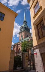 Ally view of the church Tyska Kyrkan, a sunny summer day in Stockholm