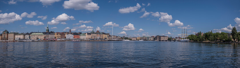 Panorama of the bay Str&ouml;mmen, the old town Gamla Stan, a sunny summer day in Stockholm