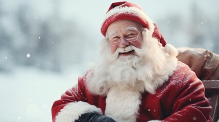 Happy and cheerful Santa Claus standing by a sleighs in North Pole.