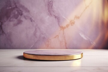 薄い紫のマーブル模様の背景と金色の丸い展示台がある抽象テンプレート。AI生成画像