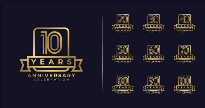 Set of anniversary logo with premium concept. 10, 20, 30, 40, 50, 60, 70, 80, 90, 100, birthday symbol collections