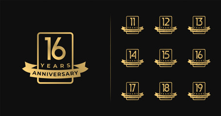 Set of anniversary logo with luxury style. 11, 12, 13, 14, 15, 16, 17, 18, 19, birthday symbol collections