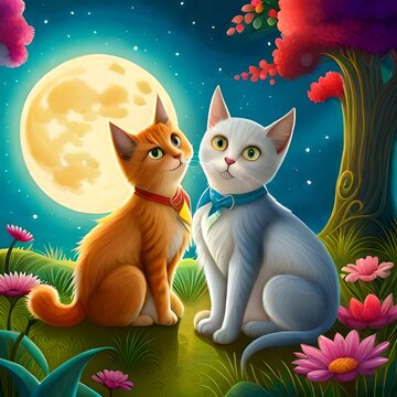 Whimsical Moonlit Garden: Enchanting Cats Playing in a Vibrant Fantasy Scene with Glowing Lanterns