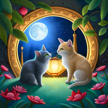 Whimsical Moonlit Garden: Enchanting Cats Playing in a Vibrant Fantasy Scene with Glowing Lanterns