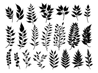 Silhouettes of leaves watercolor set on transparent background, generative ai