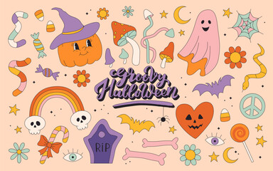Retro 70s 60s Hippie Groovy Halloween set. Funny spooky ghost pumpkin flower hippy emotional elements print collection. Vector contour hand drawn illustration.