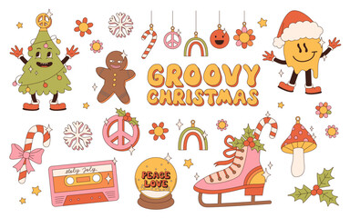 Groovy hippie Christmas stickers. Santa Claus, Christmas tree, gifts, rainbow, peace, holly jolly vibes, ho ho ho, winter, gingerbread in trendy retro cartoon style. Cartoon characters and elements.