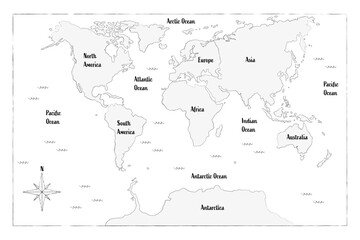 continents and oceans World map hand drawn