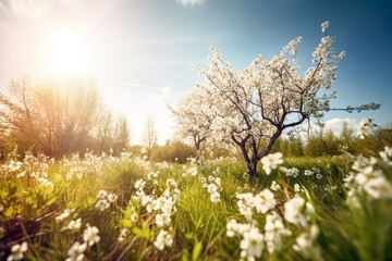Plakat Beautiful spring landscape with blooming tree and white flowers on the meadow. Generative AI